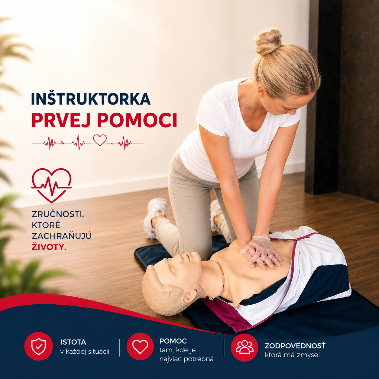 Inštruktorka prvej pomoci pri praktickom nácviku